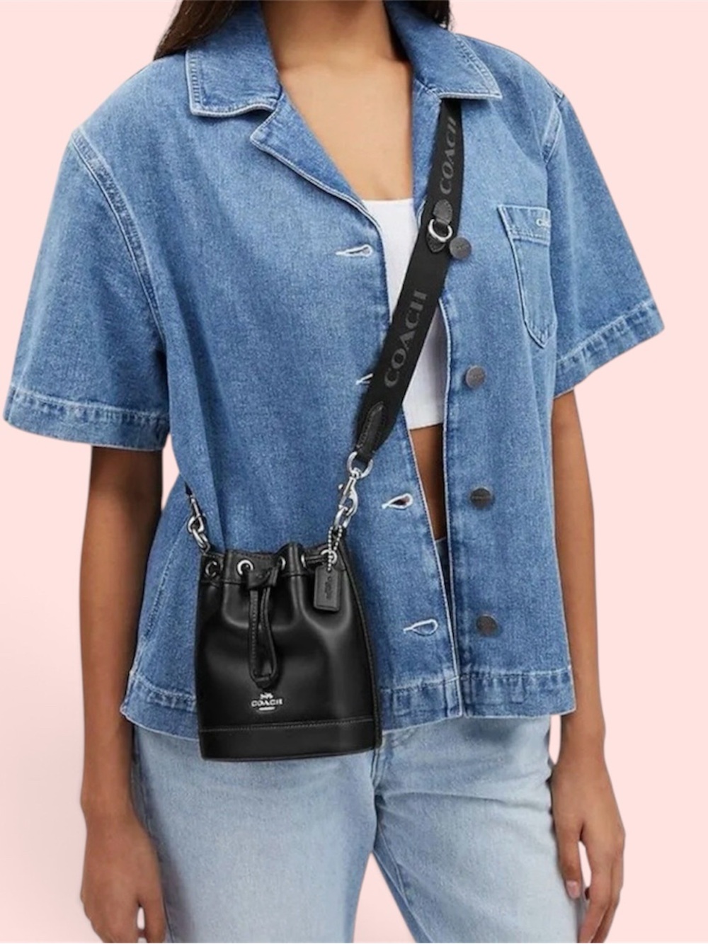 Coach Black Leather Drawstring Mini Bucket Bag crossbody shoulder bag - Picture 7 of 7
